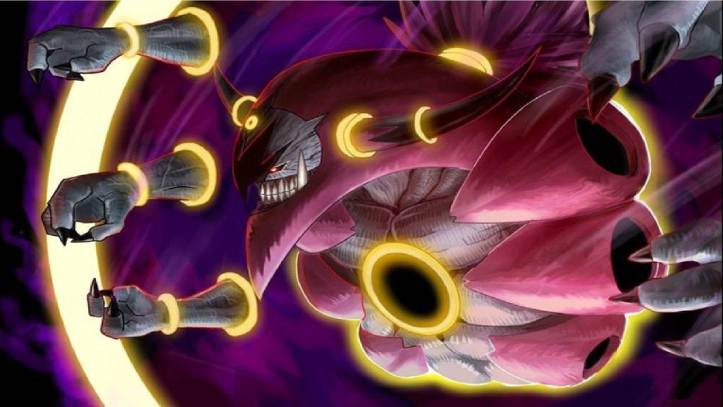 Hoopa Unbound digital artwork with six arms and glowing rings on dark purple pink background wallpaper