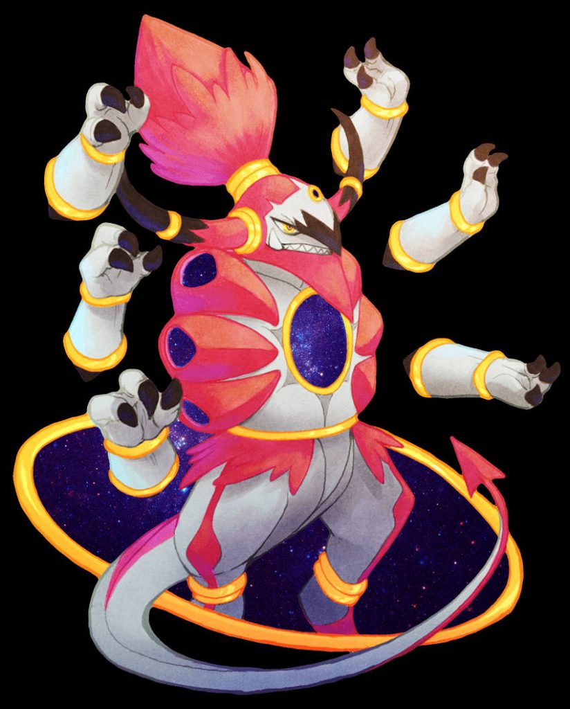 Hoopa Unbound wallpaper showing six arms cosmic nebula chest gold rings on black background