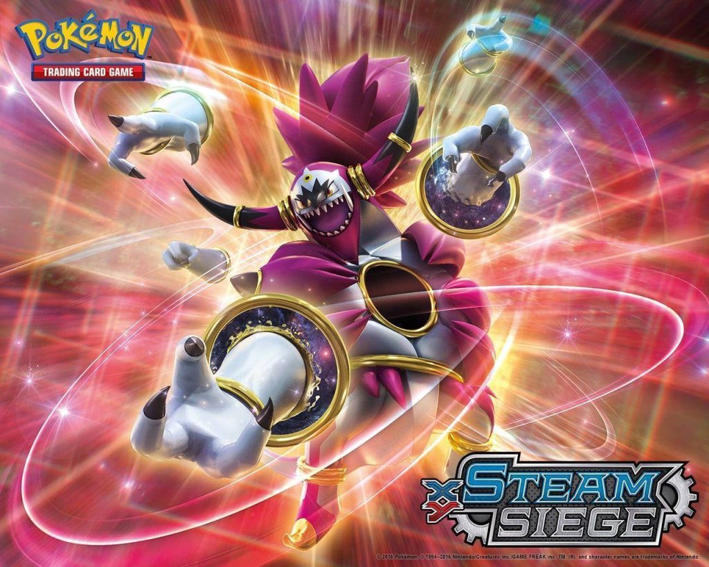 Hoopa Unbound from Pokémon TCG XY Steam Siege glowing rings with swirling orange energy wallpaper