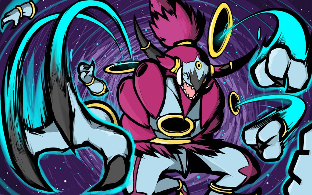 Hoopa Unbound vibrant cartoon wallpaper with six arms glowing purple cosmic cyan energy effects