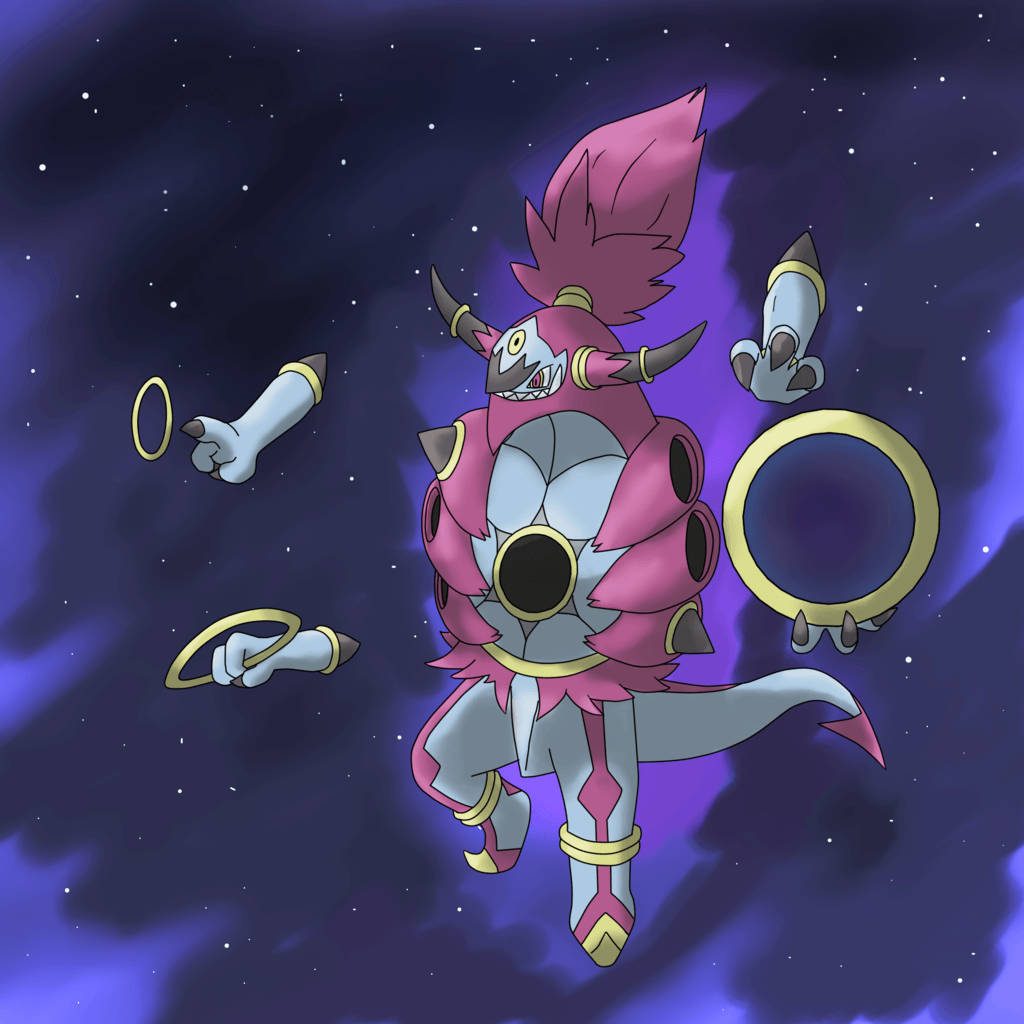 Hoopa Unbound Pokémon floating in purple nebula space with fuchsia fur and gold rings wallpaper
