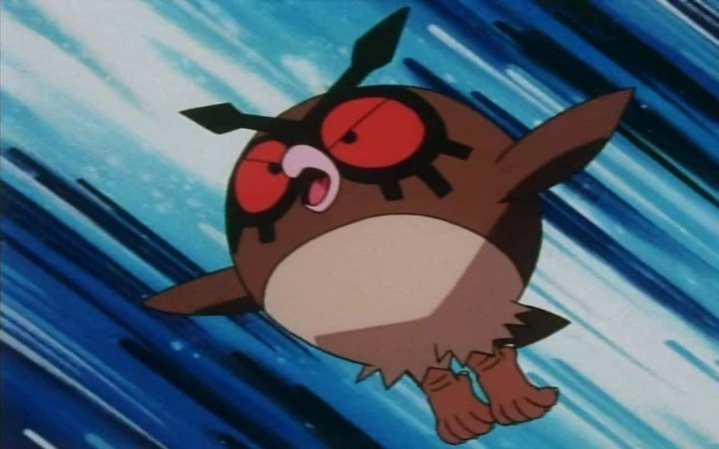 Anime-style Hoothoot Pokémon mid-action with red eyes and clock crest on vibrant blue background Wallpaper