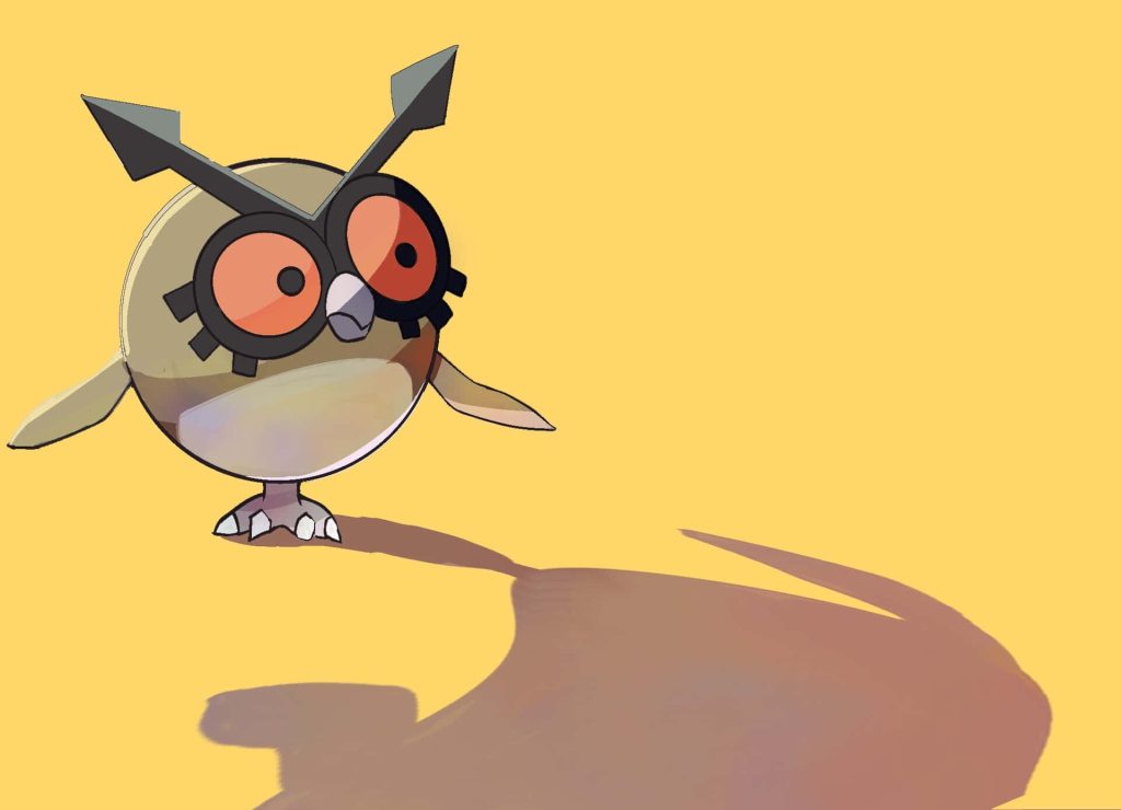 Hoothoot owl Pokémon digital art on vibrant yellow background with clock features and shadow Wallpaper