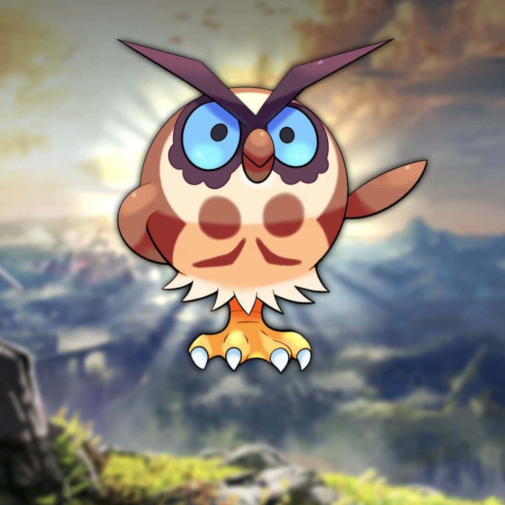 Hoothoot Pokémon glowing softly with majestic mountain sunrise in serene digital art wallpaper