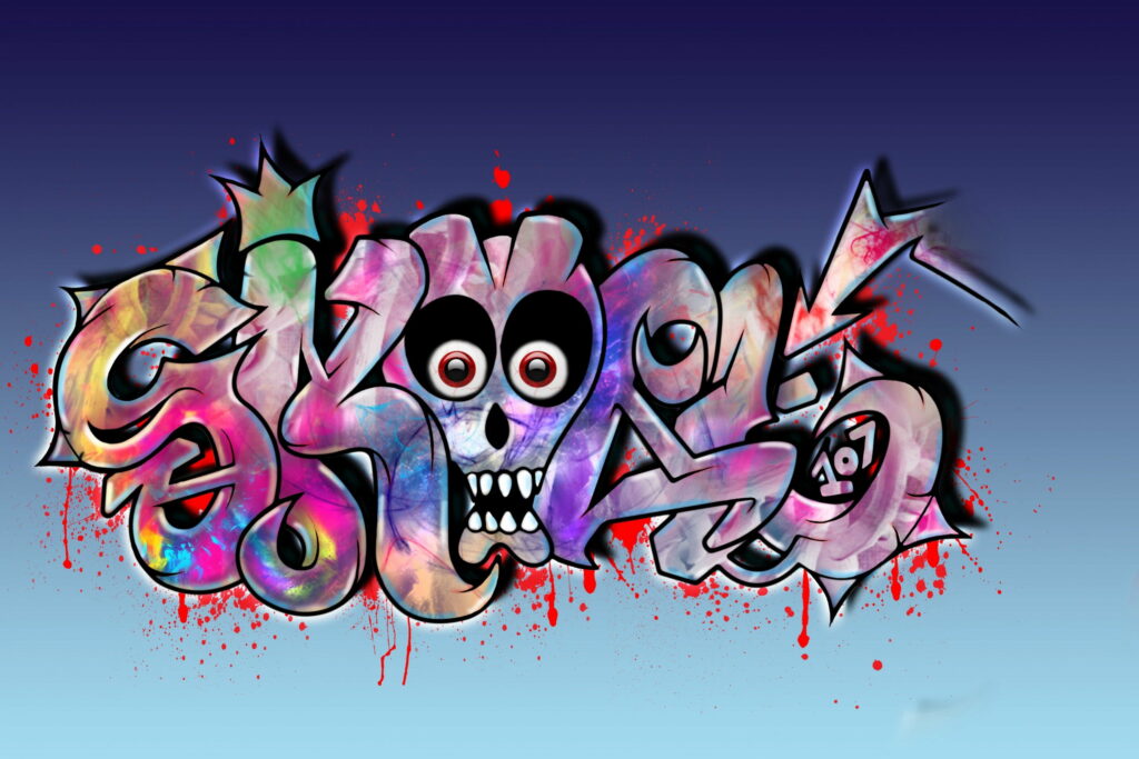 Vibrant Graffiti Skull: A Burst of Colors and Letters in an Abstract Urban Canvas Wallpaper