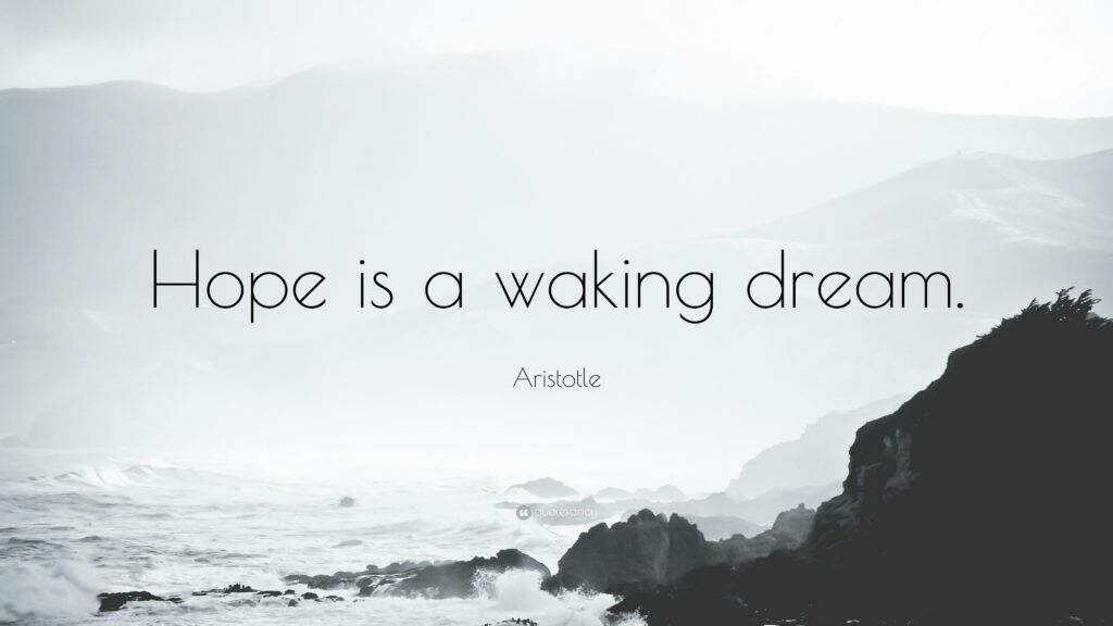 Ambitious Reverie: Aristotle's Inspirational Message on Hope Amidst Serene Misty Waters and Majestic Rock Formations Wallpaper