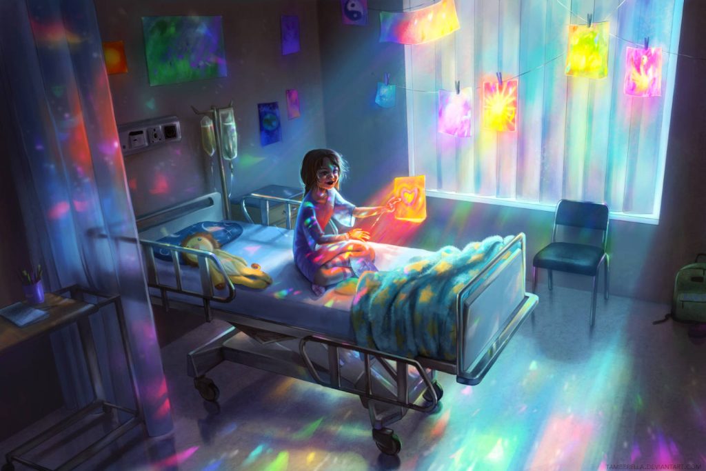 Child in hospital room bathed in vibrant prismatic light and holographic rainbows wallpaper
