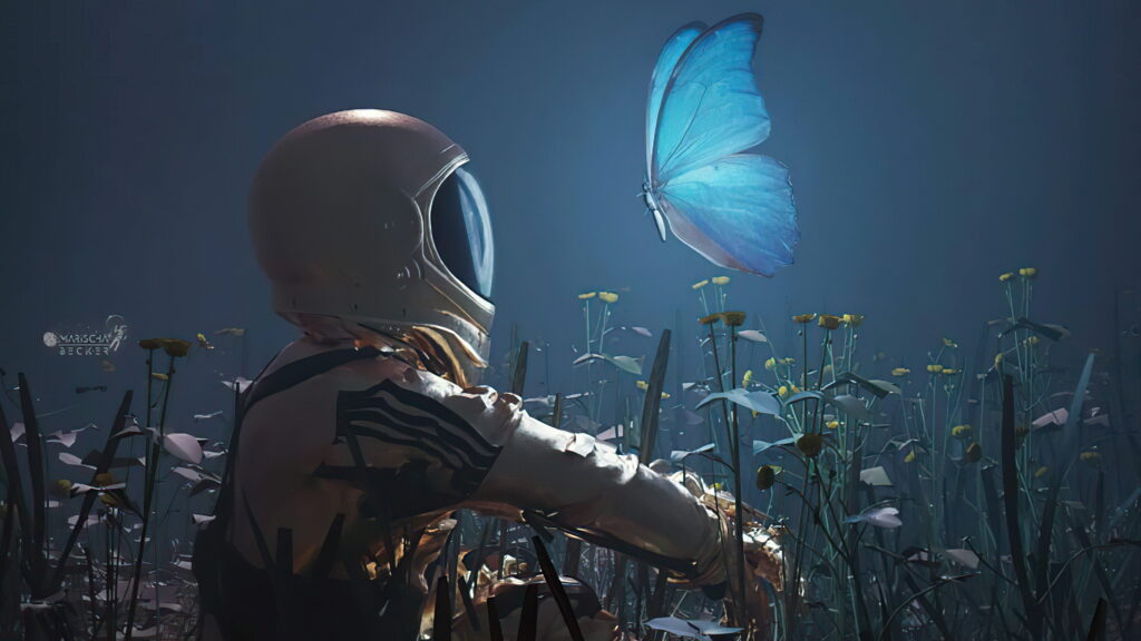 Inspirational Journey: A Flight of Hope with Astronaut and Butterfly in Captivating Digital Art Wallpaper