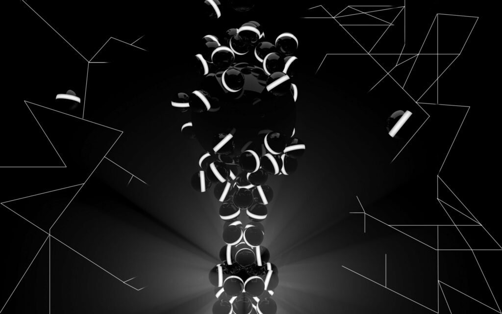 3D digital wallpaper with glossy black spheres and glowing white arcs on dark geometric background