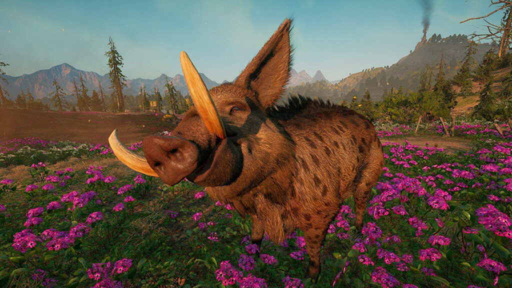 Horatio the Boar: A Charming Encounter Amidst Serene Blossoms and Majestic Mountains Wallpaper