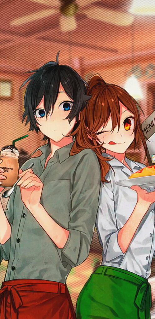 Horimiya anime wallpaper Kyoko Hori Izumi Miyamura cozy cafe setting vibrant colors