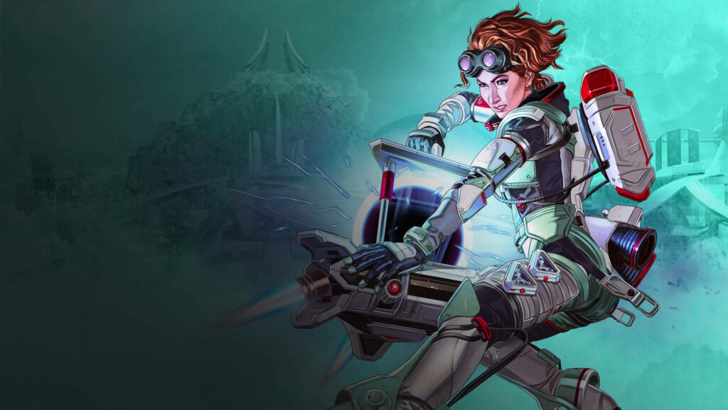 Horizon from Apex Legends in scientific gear with vibrant futuristic style on misty background Wallpaper