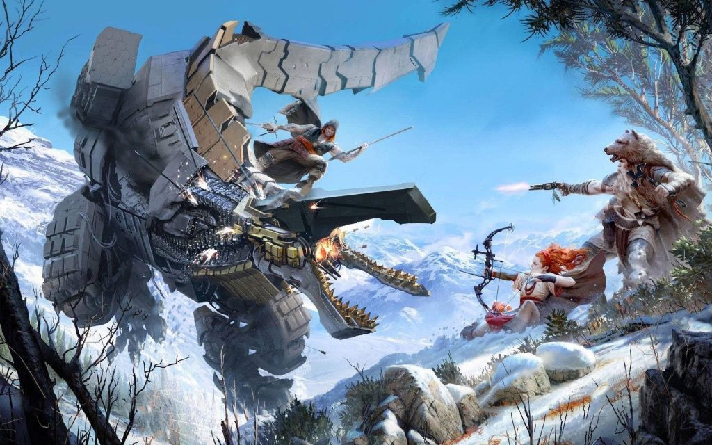 Aloy and ally fight colossal machine in snowy mountains Horizon Zero Dawn HD wallpaper background