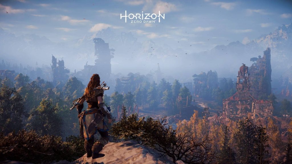 Aloy stands overlooking lush post-apocalyptic Horizon Zero Dawn landscape with misty ruins Wallpaper