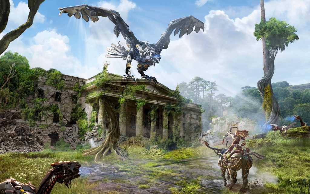 Aloy rides a mechanical mount facing a massive Stormbird in lush Horizon Zero Dawn ruins Wallpaper
