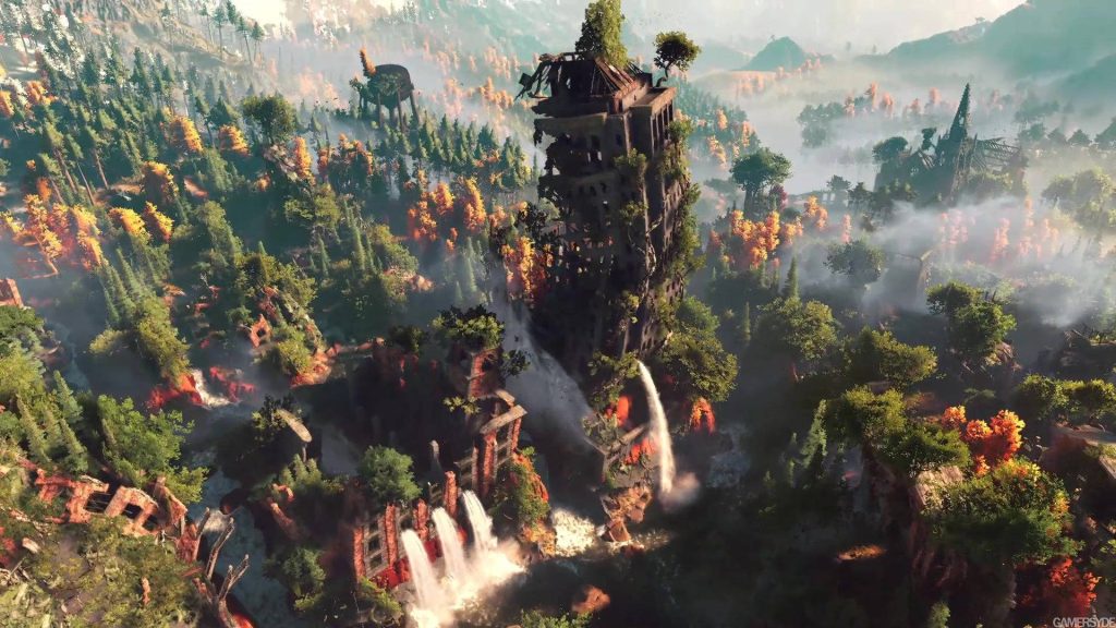 Horizon Zero Dawn wallpaper moss-covered skyscraper lush nature waterfalls autumn forest background