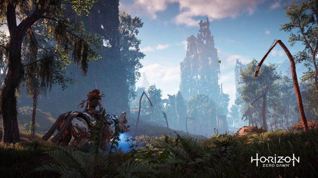 Horizon Zero Dawn wallpaper Aloy riding mechanical mount through lush ruins and skyscrapers