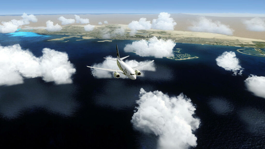 Serene Aerial: Captivating HD Background with Plane Soaring over Tranquil Waterscape Amidst Scattered Clouds Wallpaper