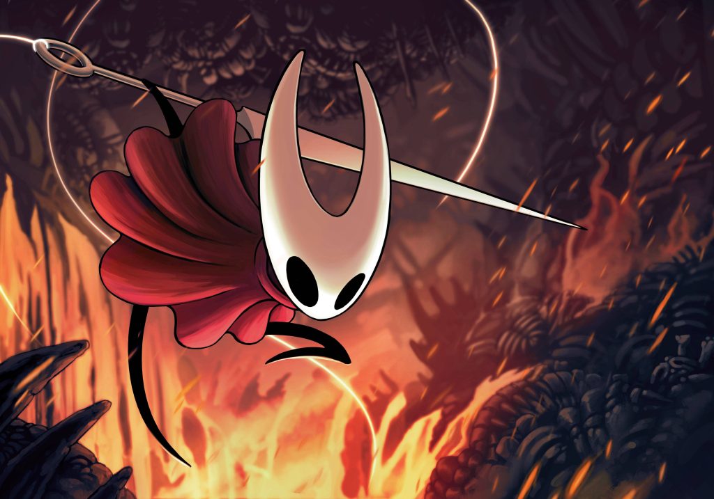 Hollow Knight Hornet leaping with needle against fiery volcanic background with glowing embers Wallpaper
