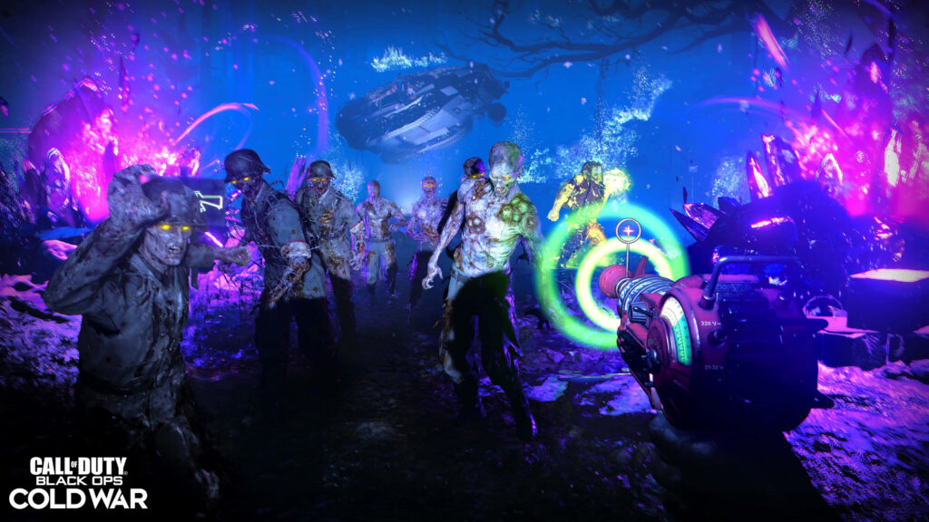 Intense Call of Duty: Black Ops Cold War zombie encounter wallpaper with vibrant neon hues, futuristic weapons, and crashed helicopter