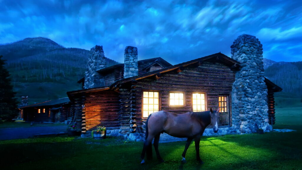 Serene Equine amidst Sublime Countryside: HD Wallpaper featuring Majestic Horse with Idyllic House, Rolling Hills, and Moody Cloudy Sky