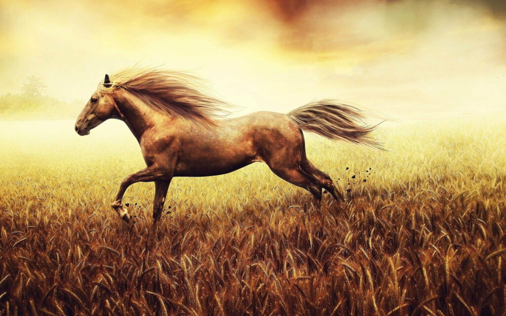 Graceful Equine Galloping through a Serene Cornfield - Majestic Wildlife, High-Definition Scenic Landscape Wallpaper