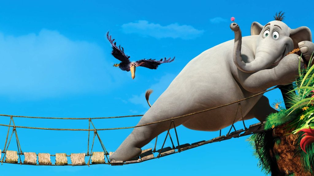 Horton the elephant balancing on rope bridge with vulture Vlad flying in blue sky background Wallpaper