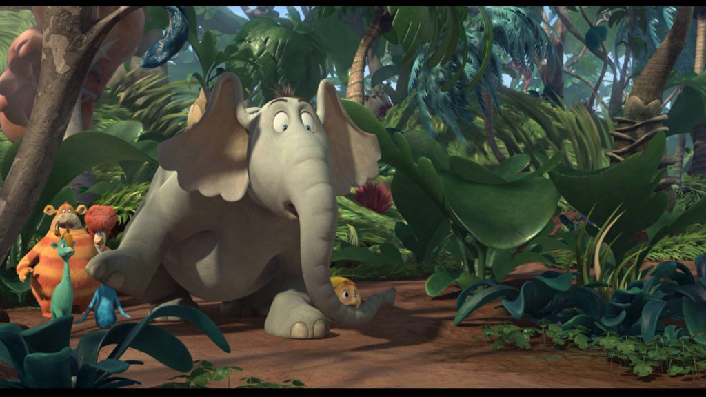 Horton the Elephant in vibrant jungle with lush foliage and colorful creatures 3D CGI wallpaper