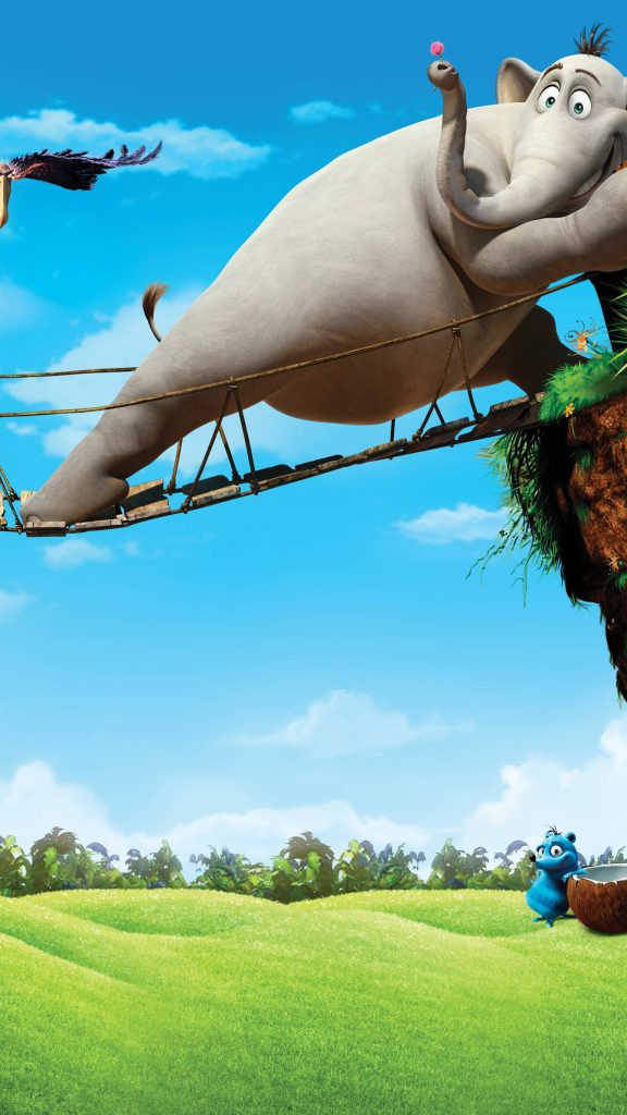 Horton the elephant crossing wooden rope bridge holding pink clover blue sky grassy meadow CGI wallpaper