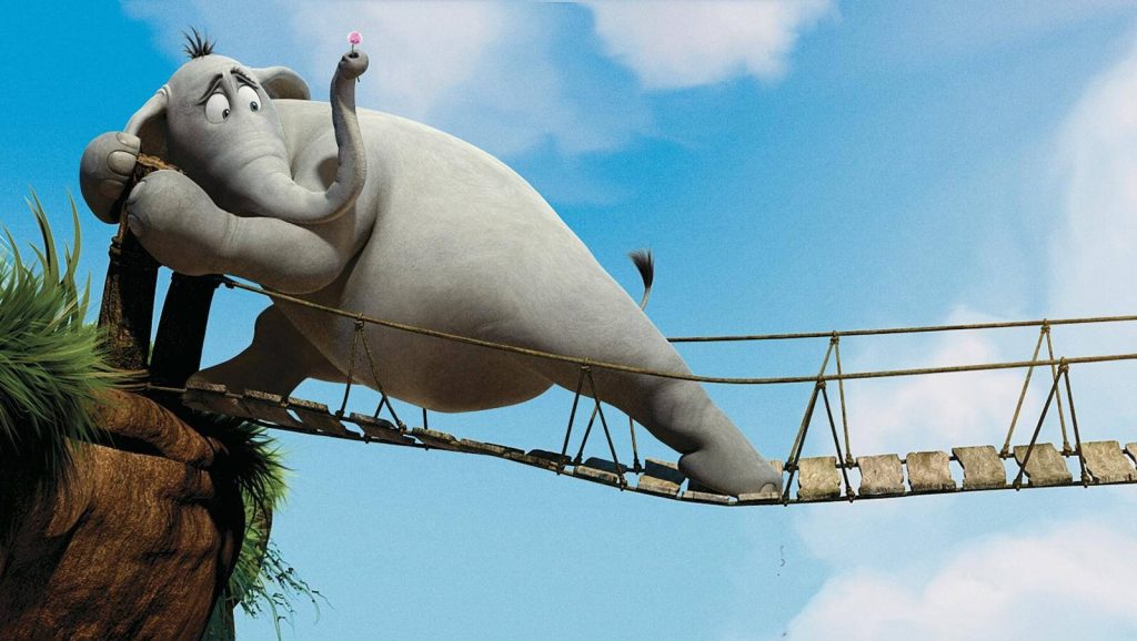 Horton the Elephant crosses rope bridge holding pink clover in bright blue sky CGI wallpaper