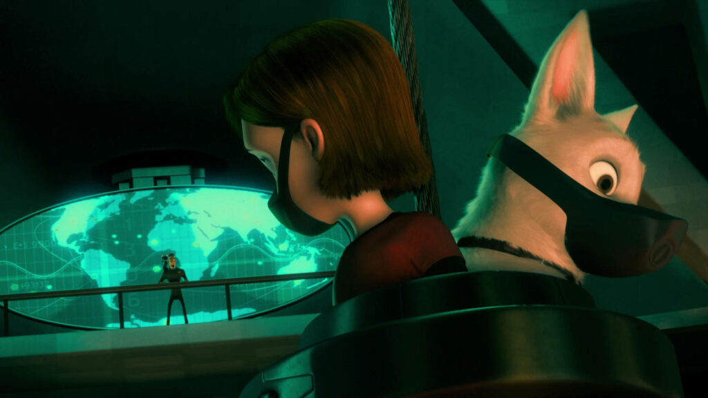 Hostage Bolt and Penny restrained in high-tech control room with glowing digital map wallpaper