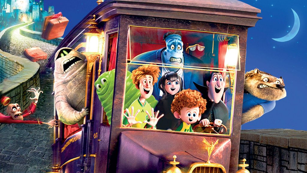 Hotel Transylvania 2 vibrant 3D wallpaper with Dracula family on a carriage ride at night