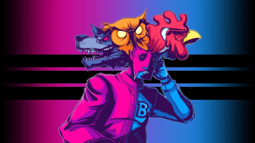 Hotline Miami Jacket digital art with neon wolf owl rooster masks synthwave pink blue wallpaper