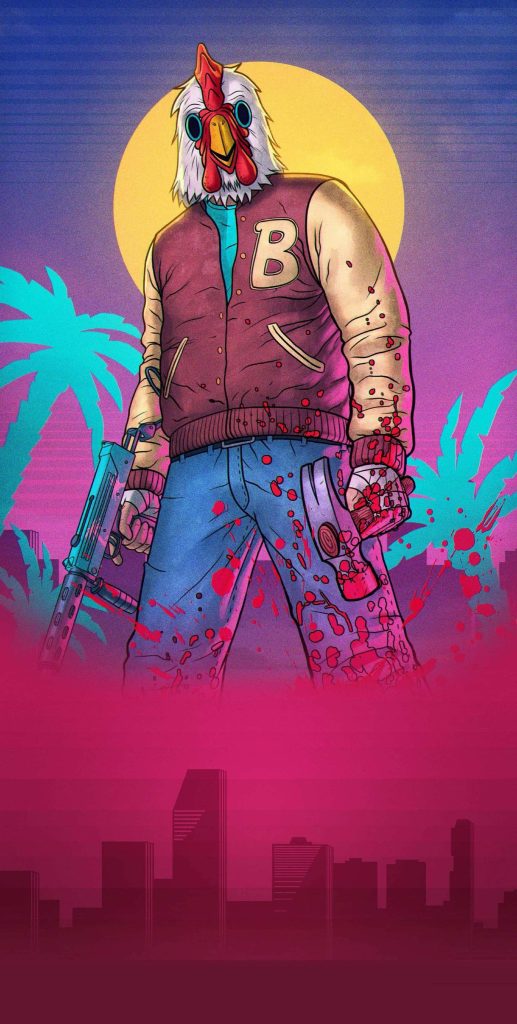 Hotline Miami Jacket with rooster mask bloodied hammer submachine gun neon palm trees sunset Wallpaper
