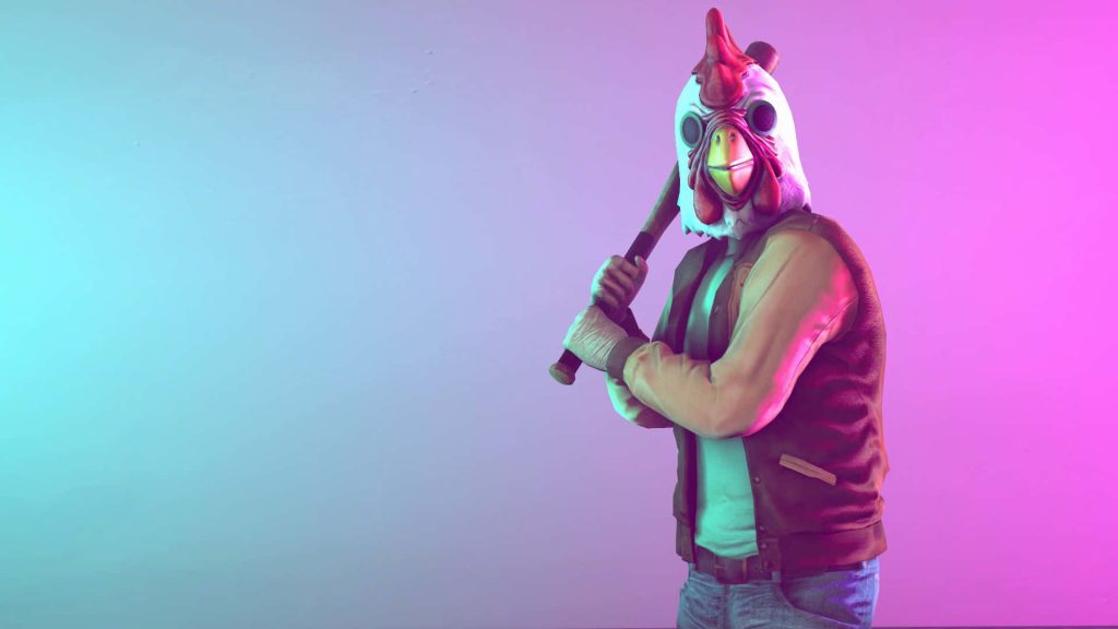 Hotline Miami wallpaper with Jacket in Richard rooster mask holding bat neon synthwave background