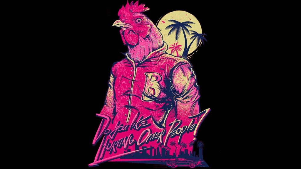 Hotline Miami wallpaper with Jacket in Richard rooster mask neon synthwave city skyline