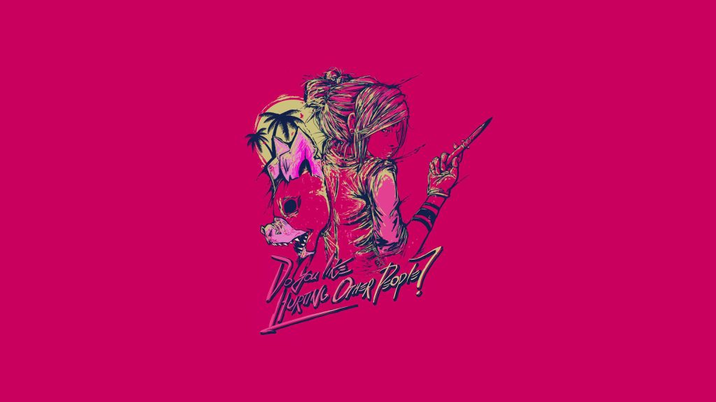 Female figure in pig mask neon Hotline Miami wallpaper with synthwave magenta hues quote background