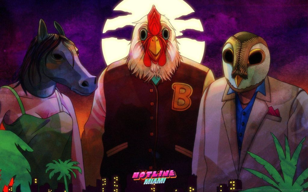 Hotline Miami wallpaper with Richard rooster Don Juan horse Rasmus owl neon purple moon cityscape