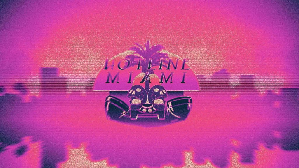 Hotline Miami wallpaper with neon skulls palm tree synthwave city vibrant magenta purple background