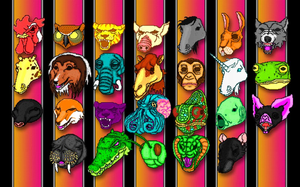 Hotline Miami pixel art wallpaper with neon animal masks on vibrant pink and orange stripes background
