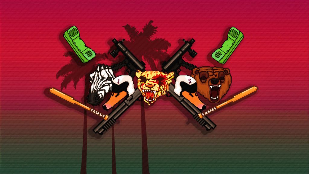 Retro Hotline Miami pixel art wallpaper with animal masks guns bats and palm silhouettes