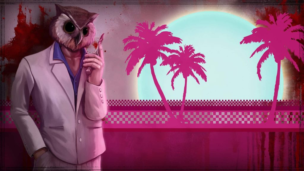 Hotline Miami wallpaper featuring Rasmus owl mask white suit bloodied knife synthwave palm trees