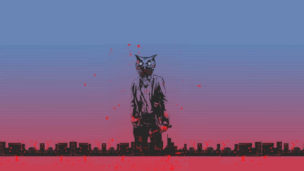 Hotline Miami wallpaper with Rasmus the Owl in synthwave cityscape holding weapon retro style
