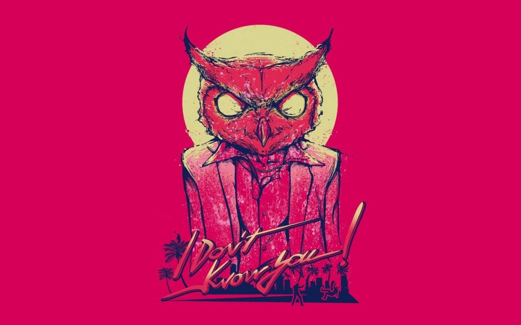 Hotline Miami wallpaper featuring Rasmus the Owl synthwave style magenta background glowing sun