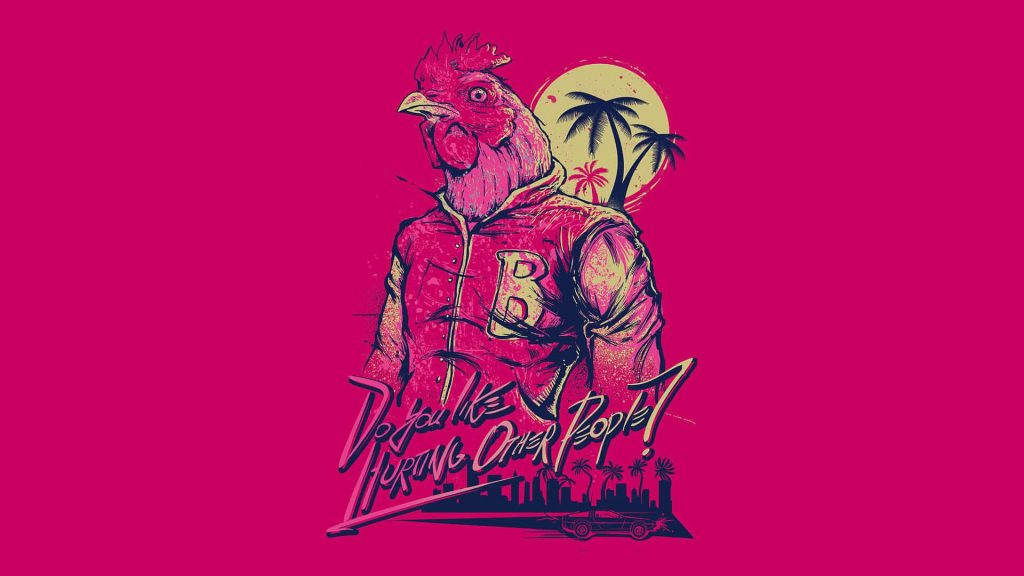 Hotline Miami rooster mask character in varsity jacket with neon synthwave sunset wallpaper