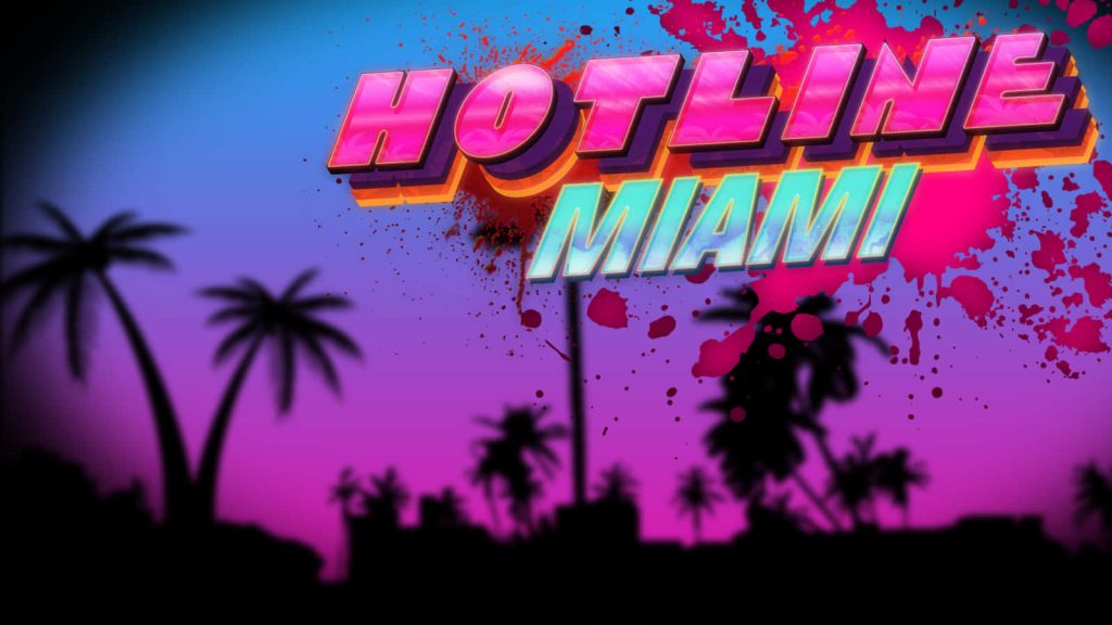 Hotline Miami wallpaper with neon purple blue sky palm trees and edgy synthwave paint splatters