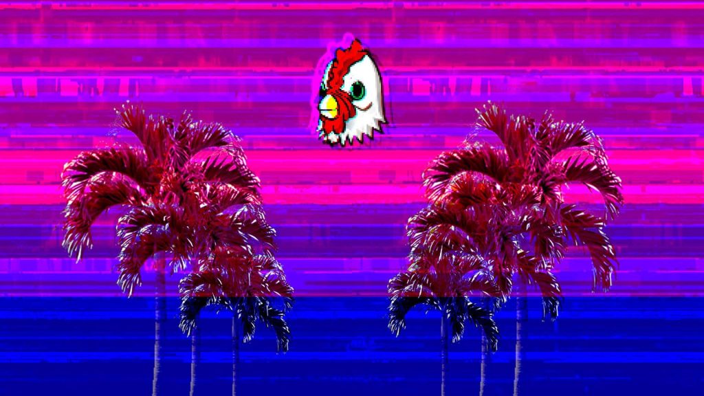 Hotline Miami wallpaper with Richard’s pixelated rooster mask over neon red palm trees retro background