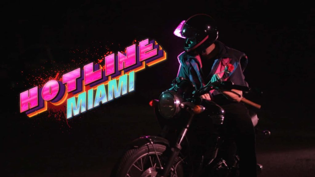 Motorcycle rider in purple neon glow inspired by Hotline Miami synthwave retro wallpaper background