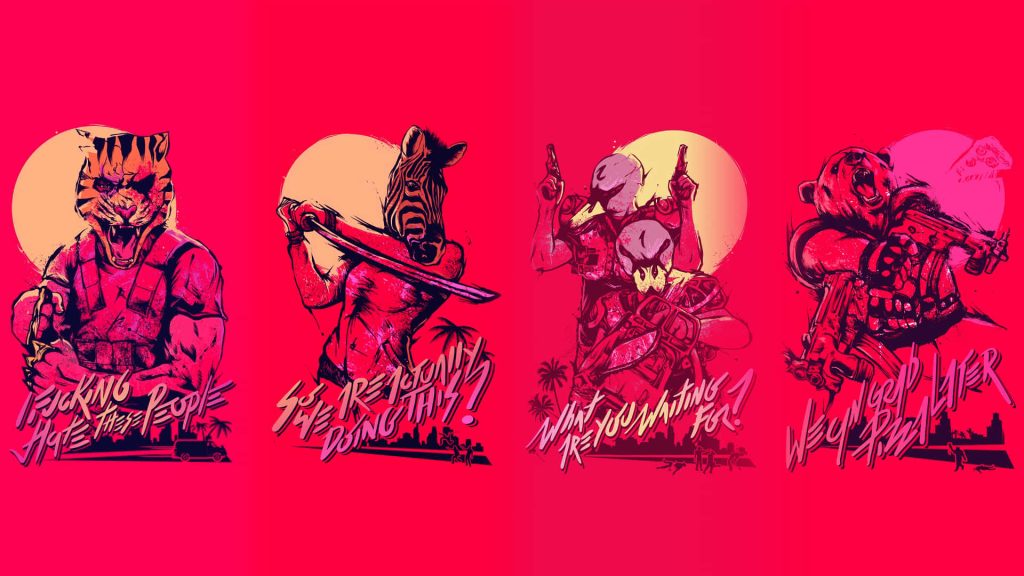 Hotline Miami wallpaper with four neon animal-masked hitmen in vibrant pink and yellow synthwave style