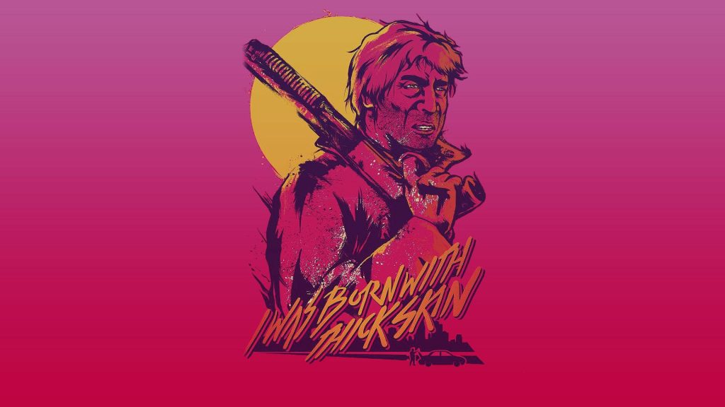 Hotline Miami wallpaper featuring protagonist with shotgun on vibrant magenta synthwave background
